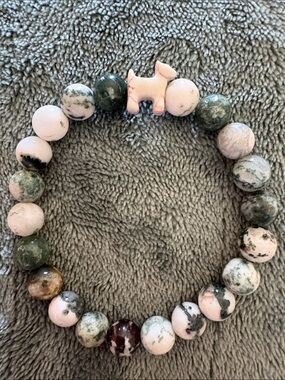 Moss Agate Beaded Stretch Bracelet with Dog Accent